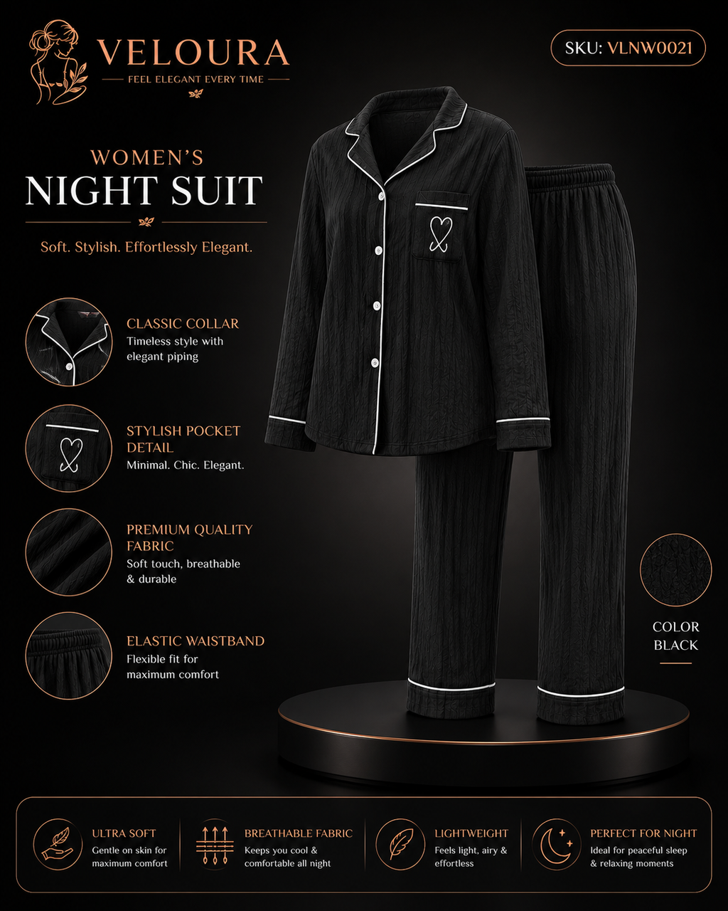 Veloura Women's Night Suit – Black | Ultra Soft Breathable Full Sleeve Pajama Set for Comfortable Sleep & Lounging