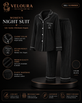 Veloura Women's Night Suit – Black | Ultra Soft Breathable Full Sleeve Pajama Set for Comfortable Sleep & Lounging