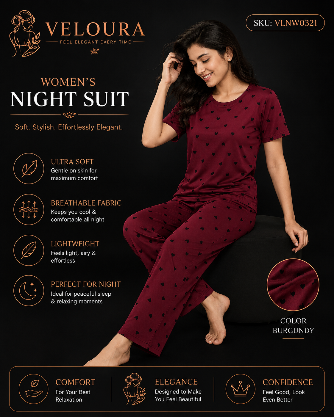 Veloura Women's Night Suit – Burgundy | Ultra Soft Heart Print Pajama Set for Comfortable Sleep & Everyday Lounging