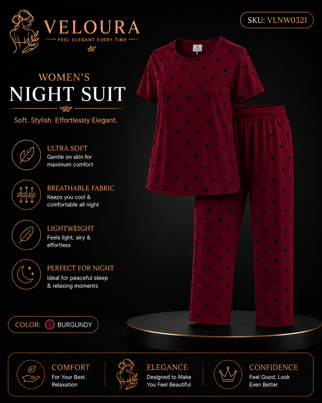 Veloura Women's Night Suit – Burgundy | Ultra Soft Heart Print Pajama Set for Comfortable Sleep & Everyday Lounging