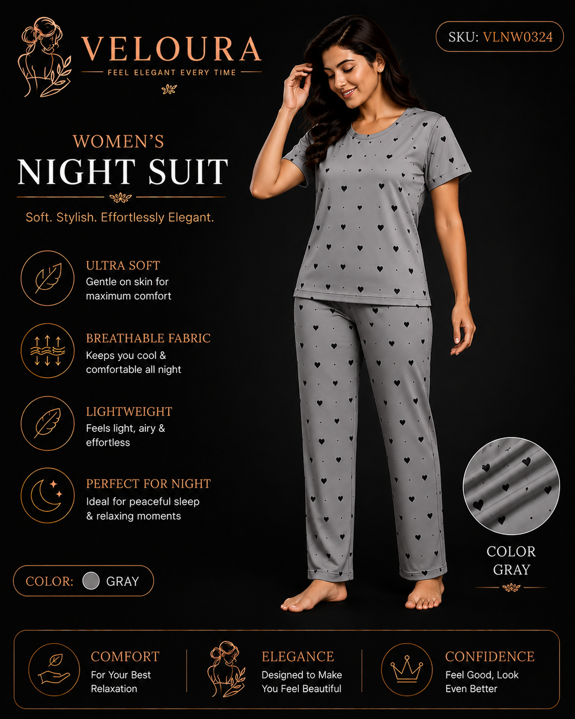 Veloura Women's Heart Print Night Suit – Gray | Ultra Soft Breathable Pajama Set for Sleep & Lounge Wear