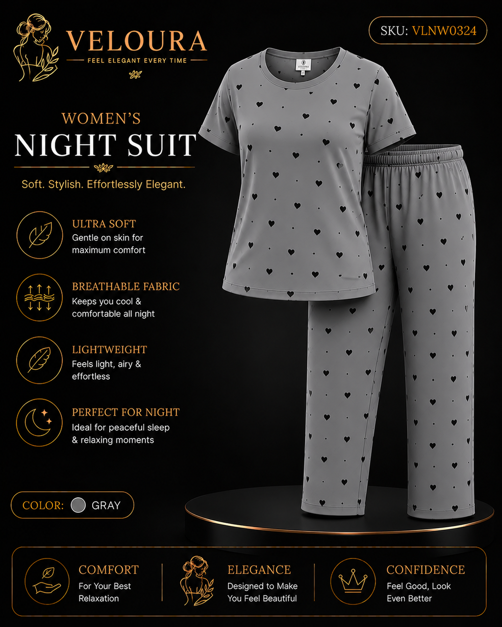 Veloura Women's Heart Print Night Suit – Gray | Ultra Soft Breathable Pajama Set for Sleep & Lounge Wear