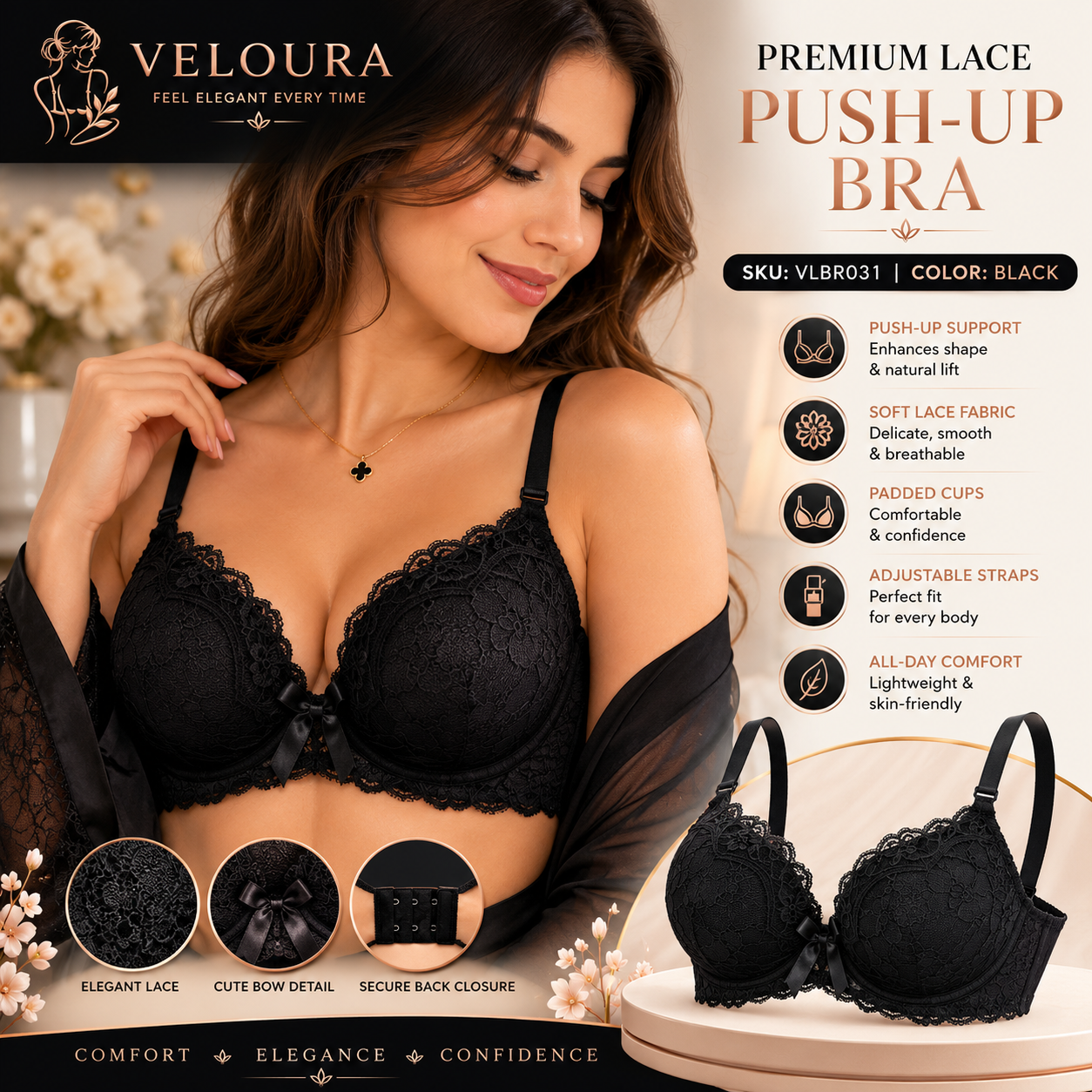 Veloura Premium Lace Bra & Panty Set  black,– Comfort, Elegance & Confidence