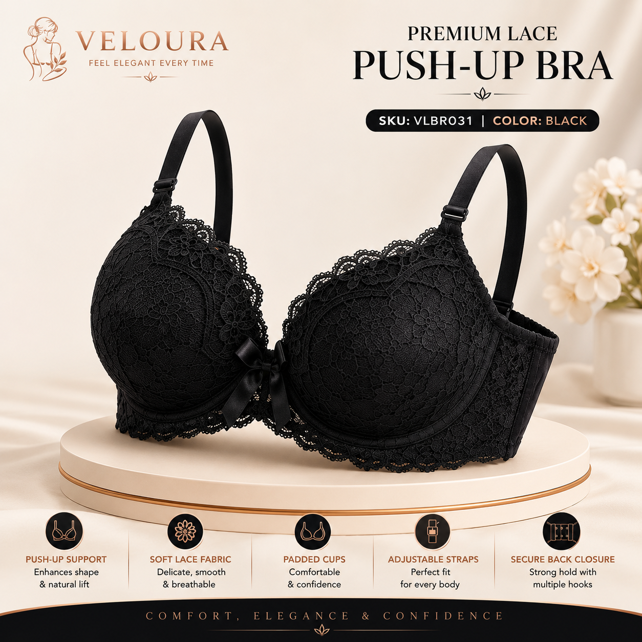Veloura Premium Lace Bra & Panty Set  black,– Comfort, Elegance & Confidence
