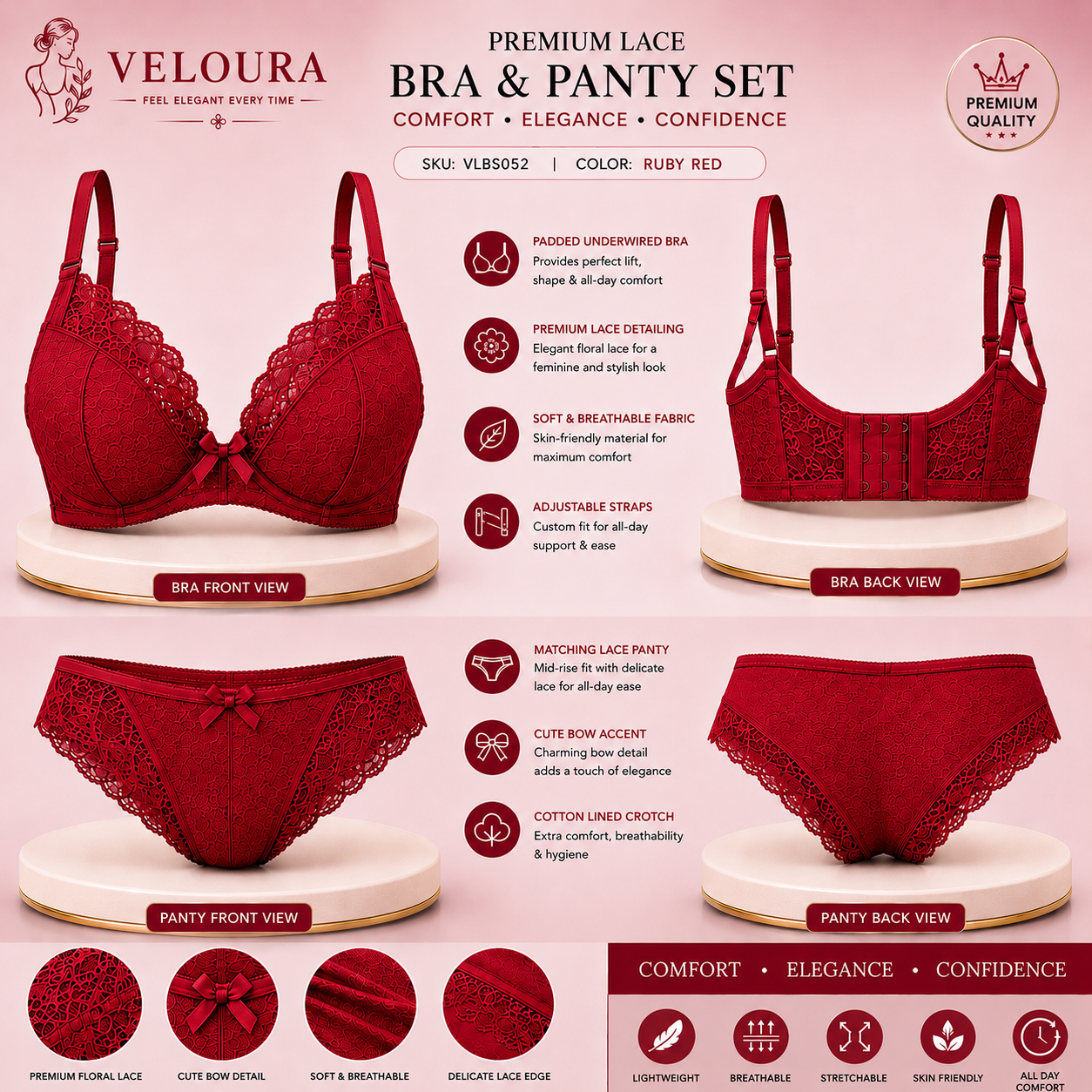 Veloura Premium Lace Bra & Panty Set for Women – Soft Padded Underwired Lingerie | Breathable Fabric | Ruby Red