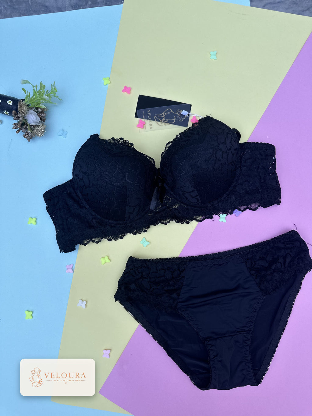 VELOURA Premium Lace Bra & Panty Set – Black (36B/40B)
