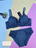 VELOURA Premium Lace Bra & Panty Set – Steel Blue (38B/42B)