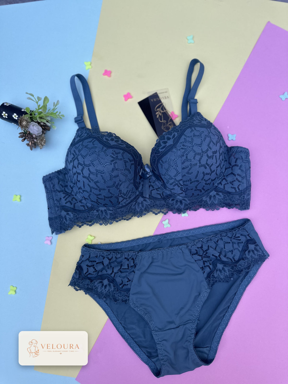 VELOURA Premium Lace Bra & Panty Set – Steel Blue (38B/42B)