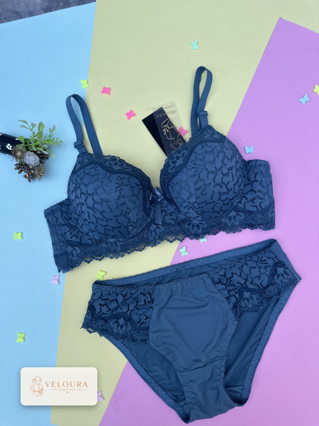 VELOURA Premium Lace Bra & Panty Set – Steel Blue (38B/42B)