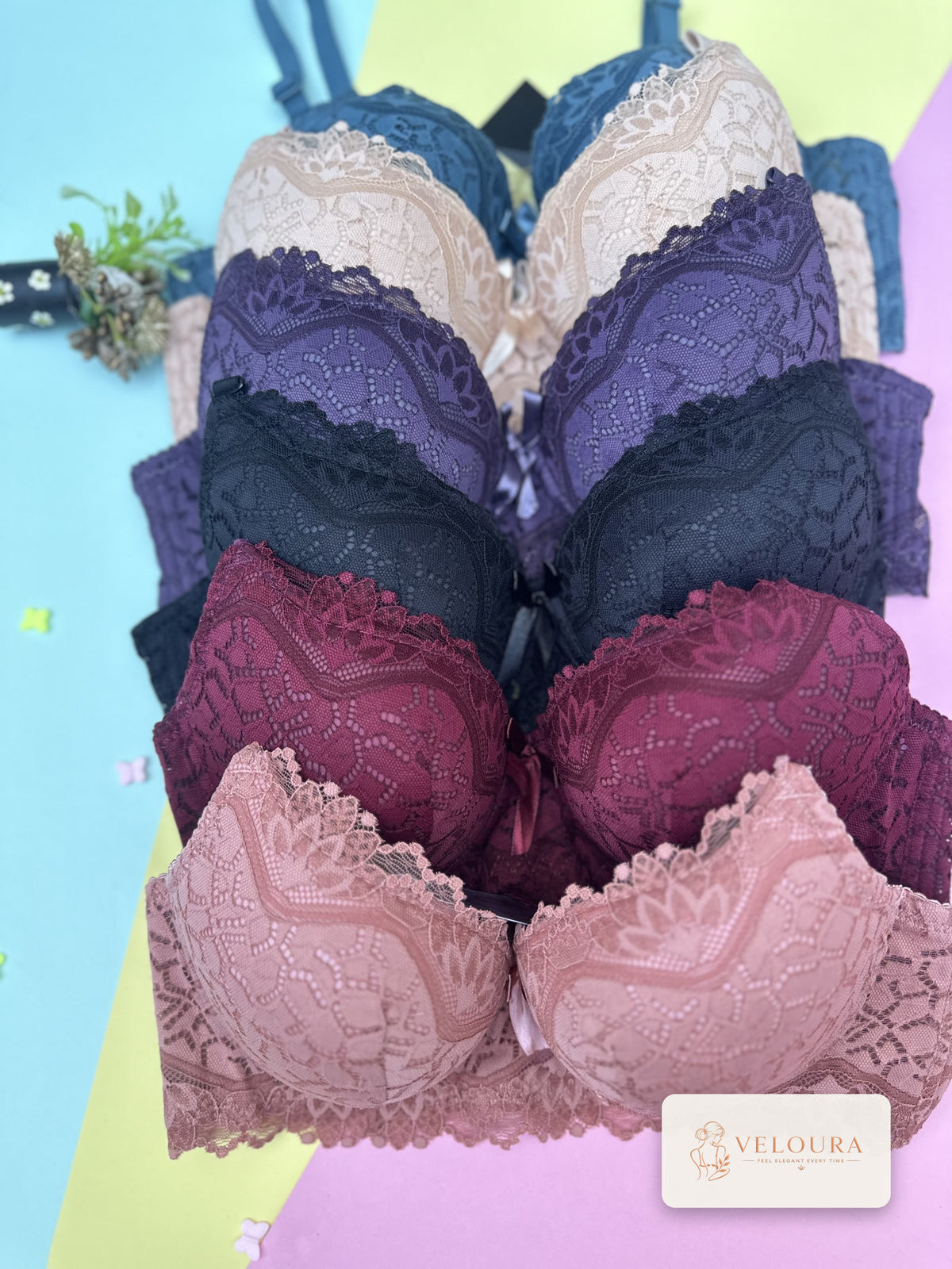 VELOURA Premium Lace Bra & Panty Set – Steel Blue (38B/42B)