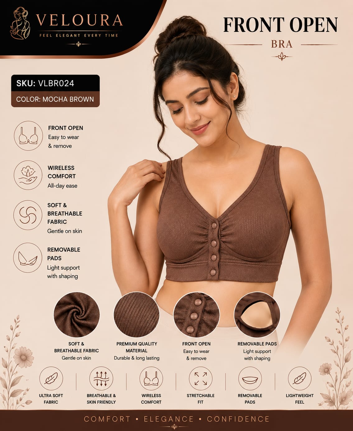 Veloura Front Open Comfort Bra – Mocha Brown |Everyday Bra
