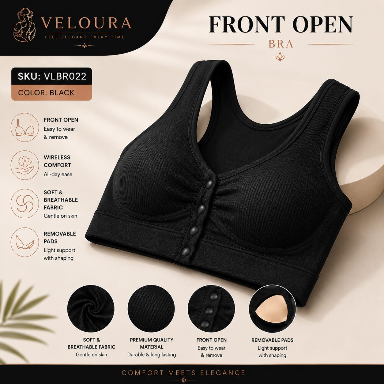 Veloura Front Open Comfort Bra – Black | Padded Everyday Bra