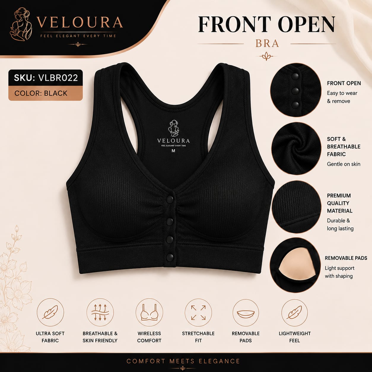 Veloura Front Open Comfort Bra – Black | Padded Everyday Bra
