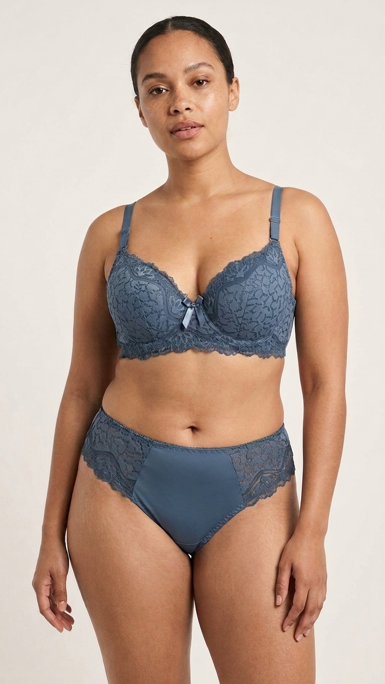 VELOURA Premium Lace Bra & Panty Set – Steel Blue (38B/42B)