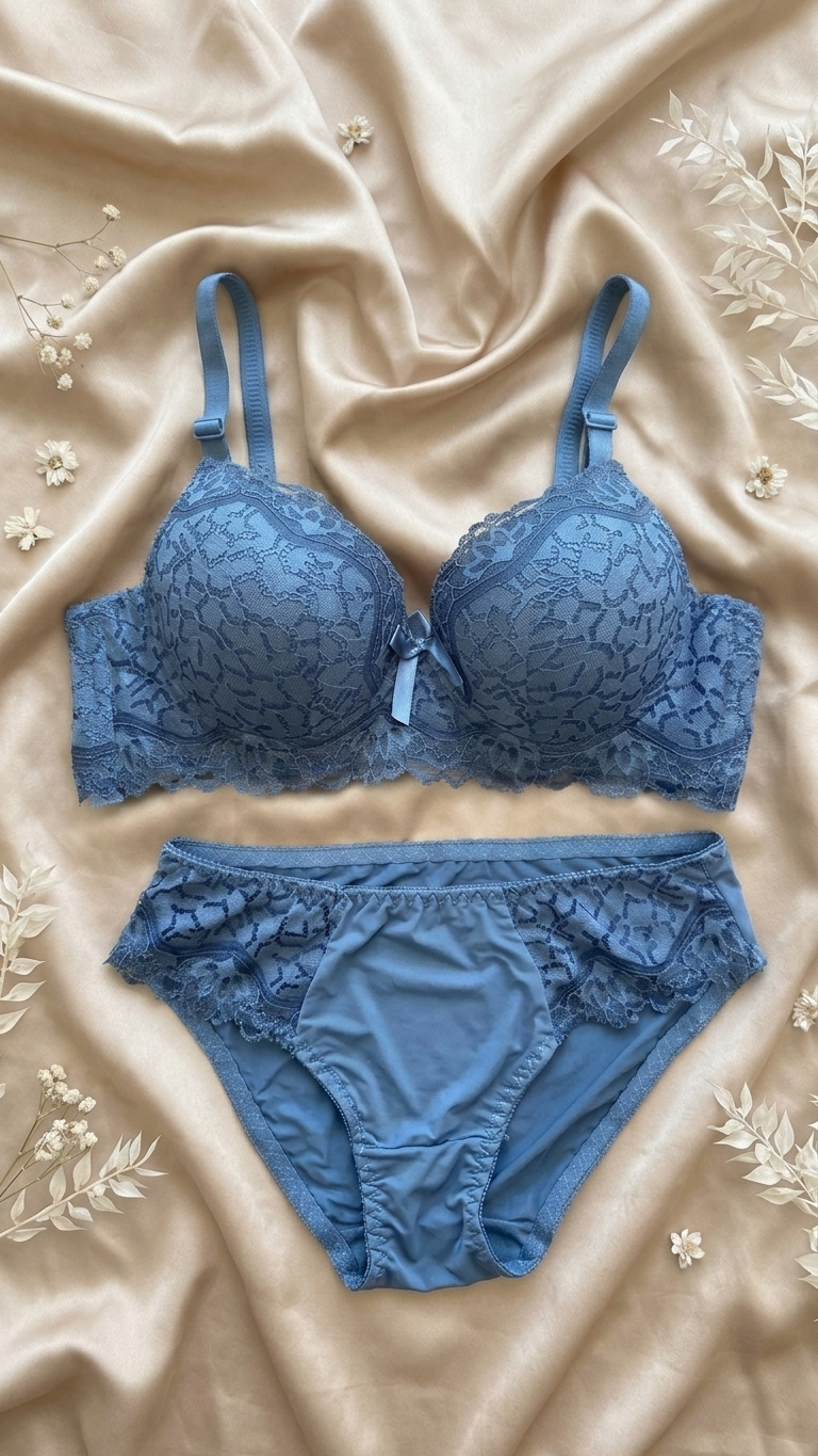 VELOURA Premium Lace Bra & Panty Set – Steel Blue (38B/42B)