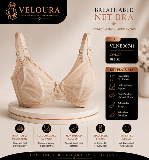 Veloura Breathable Net Bra – Beige | Full Coverage Non-Padded Wire-Free Mesh Bra | Lightweight Everyday Comfort | Adjustable Straps - VELOURA