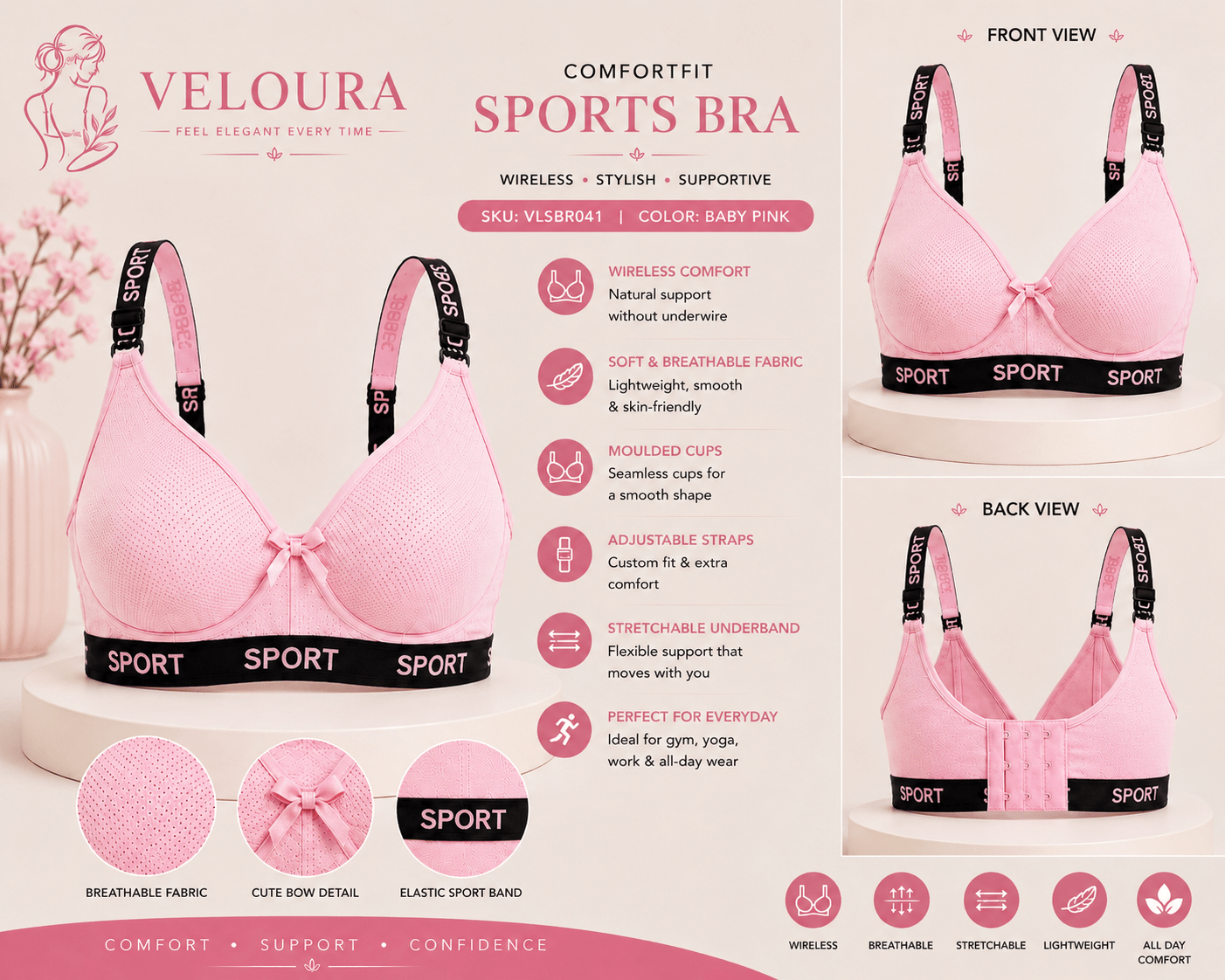 Veloura Comfort Fit Women's Sports Bra – Wireless, Breathable, Soft Stretch, Everyday Comfort | Skin Beige - VELOURA