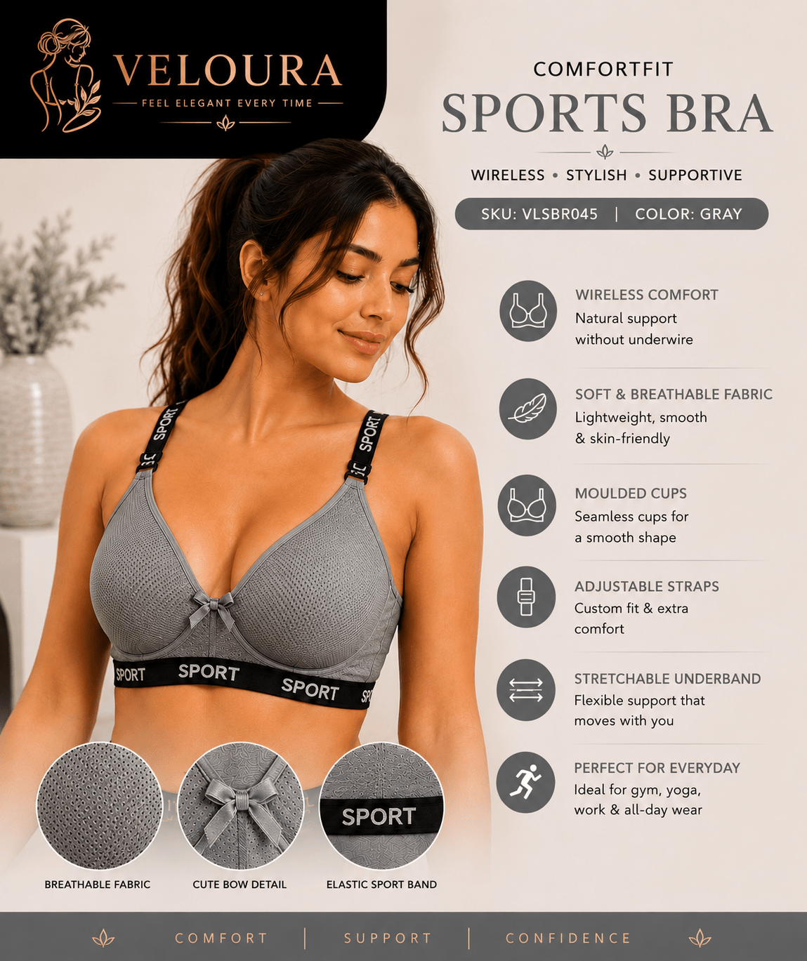 Veloura ComfortFit Sports Bra for Women – Wireless, Breathable & Everyday Support - VELOURA