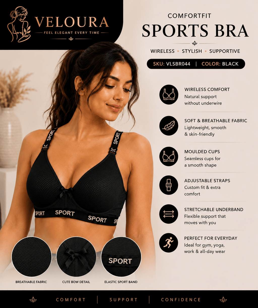 Veloura ComfortFit Sports Bra for Women – Wireless, Breathable & Full Support | Black - VELOURA