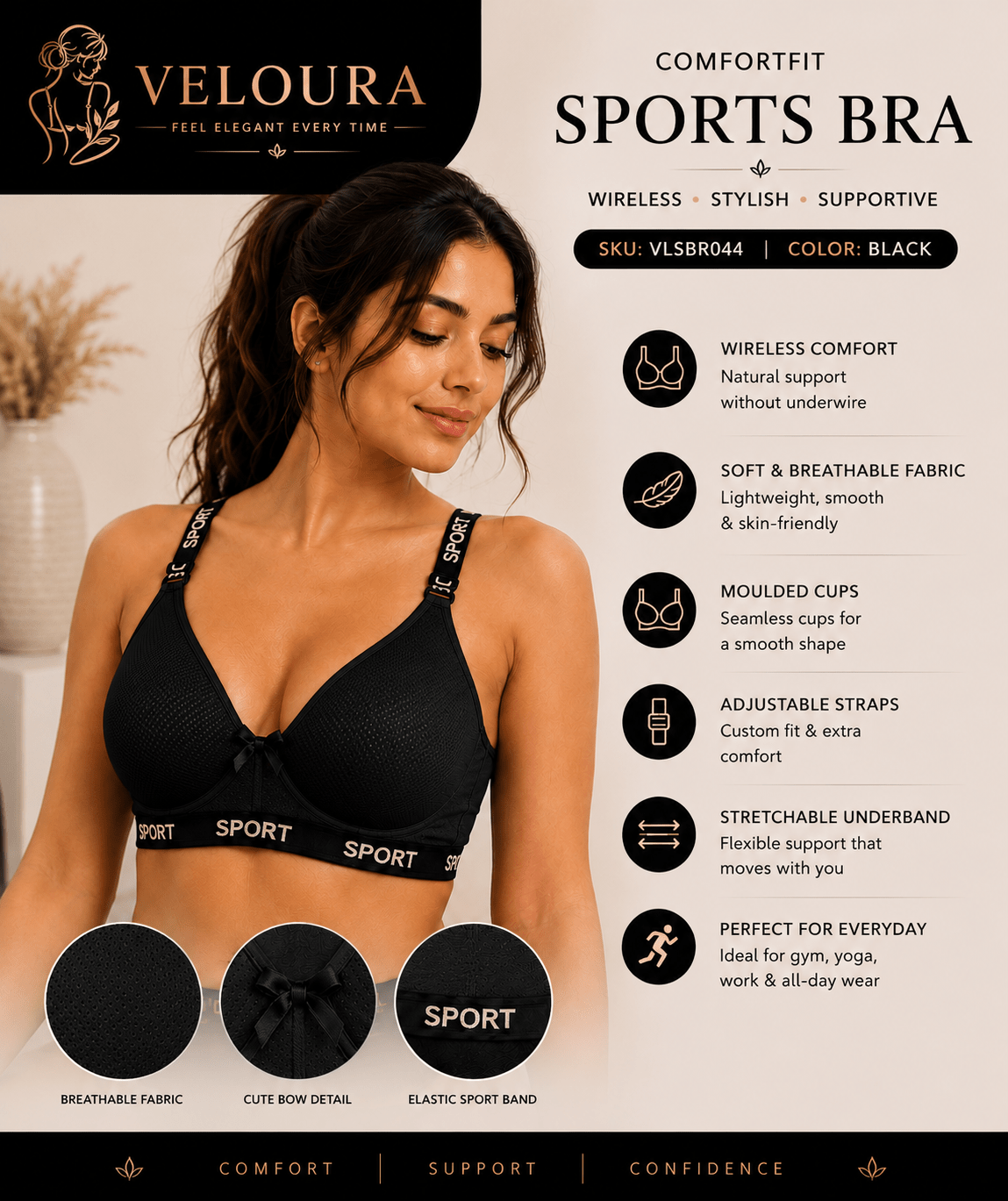 Veloura ComfortFit Sports Bra for Women – Wireless, Breathable & Full Support | Black - VELOURA