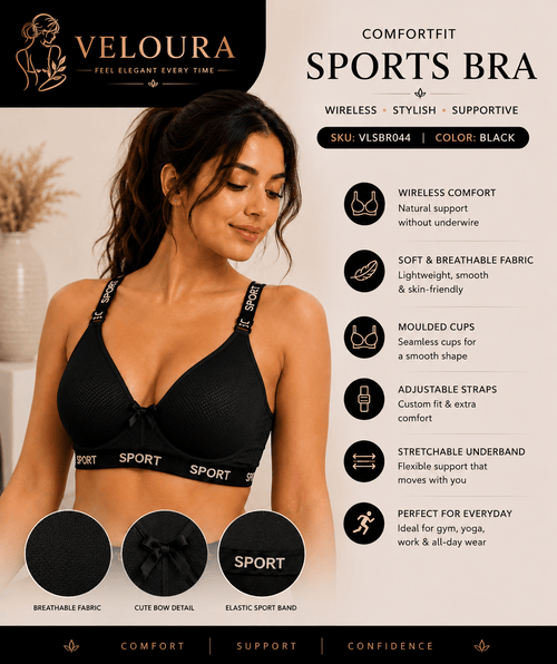 Veloura ComfortFit Sports Bra for Women – Wireless, Breathable & Full Support | Black - VELOURA
