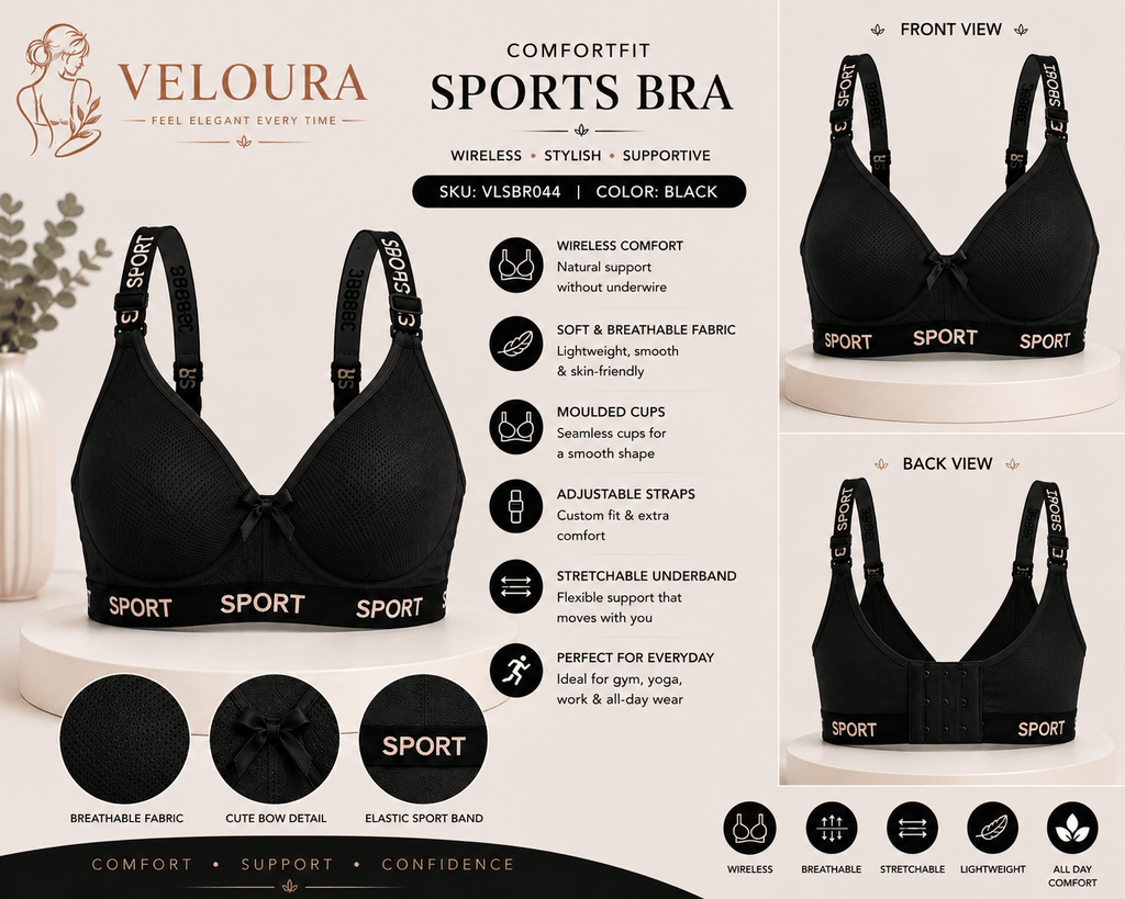 Veloura ComfortFit Sports Bra for Women – Wireless, Breathable & Full Support | Black - VELOURA