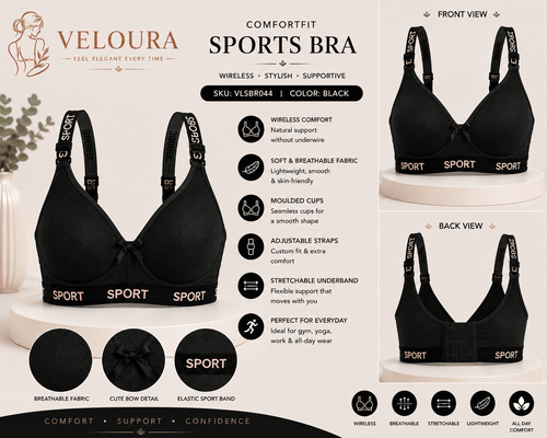 Veloura ComfortFit Sports Bra for Women – Wireless, Breathable & Full Support | Black - VELOURA
