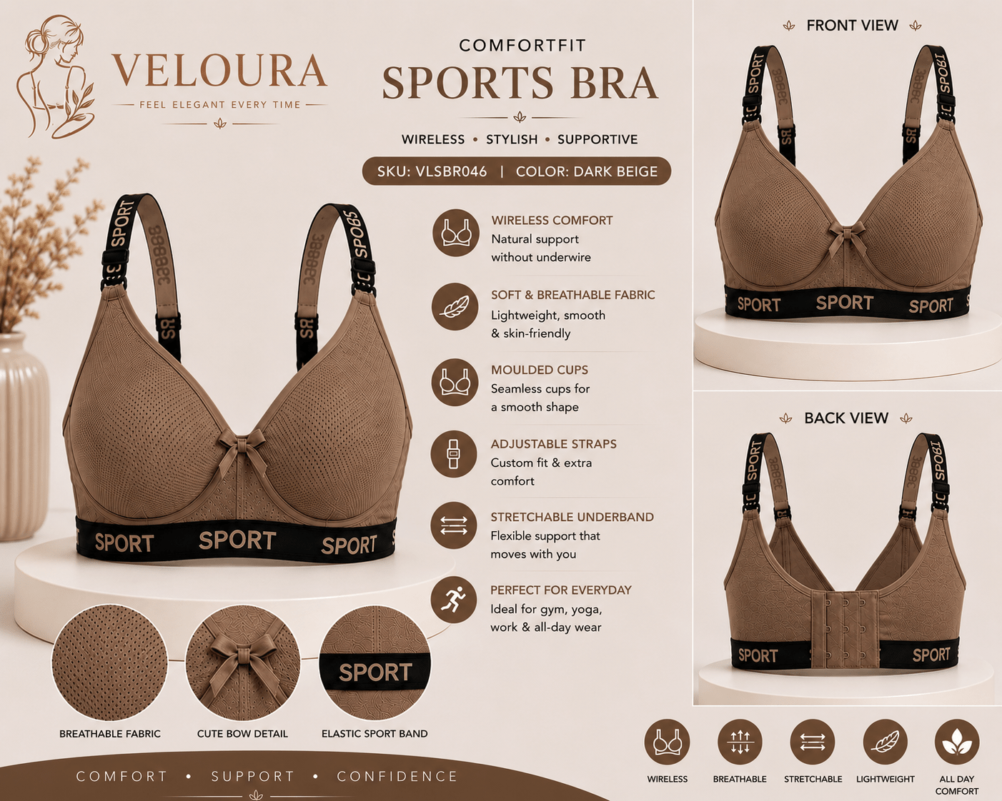 Veloura ComfortFit Sports Bra for Women – Wireless, Breathable & Full Support | Dark Beige - VELOURA