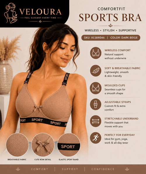 Veloura ComfortFit Sports Bra for Women – Wireless, Breathable & Full Support | Dark Beige - VELOURA