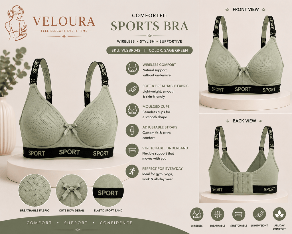 Veloura ComfortFit Women's Sports Bra – Wireless, Breathable & Supportive | Sage Green - VELOURA