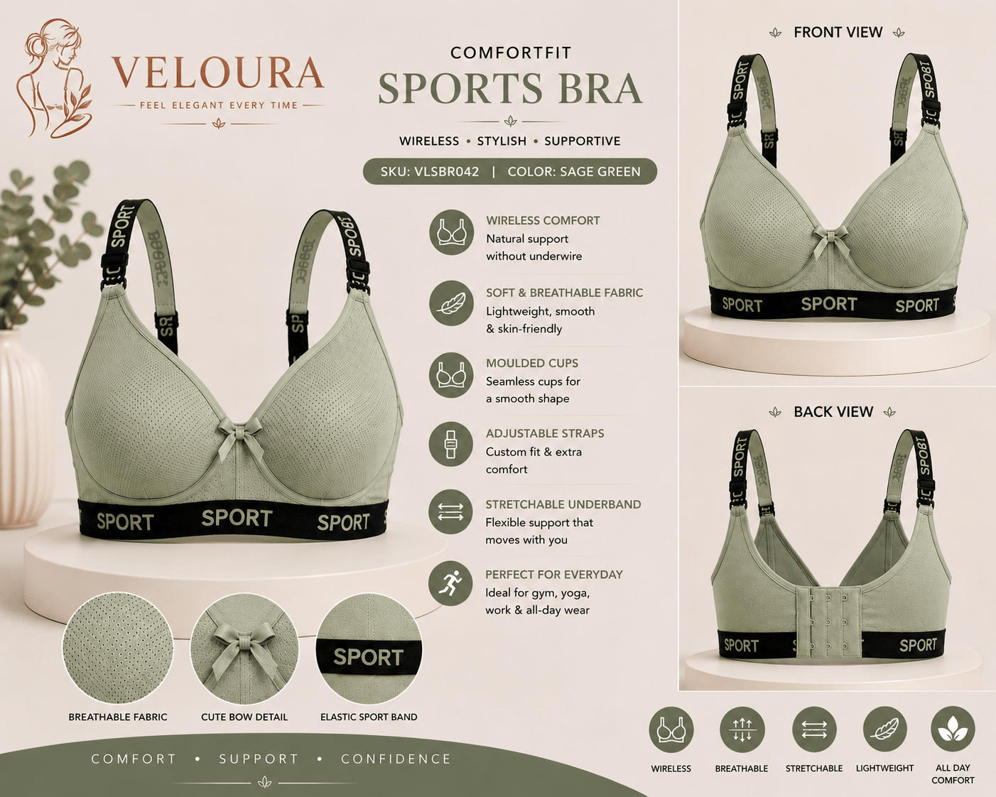 Veloura ComfortFit Women's Sports Bra – Wireless, Breathable & Supportive | Sage Green - VELOURA
