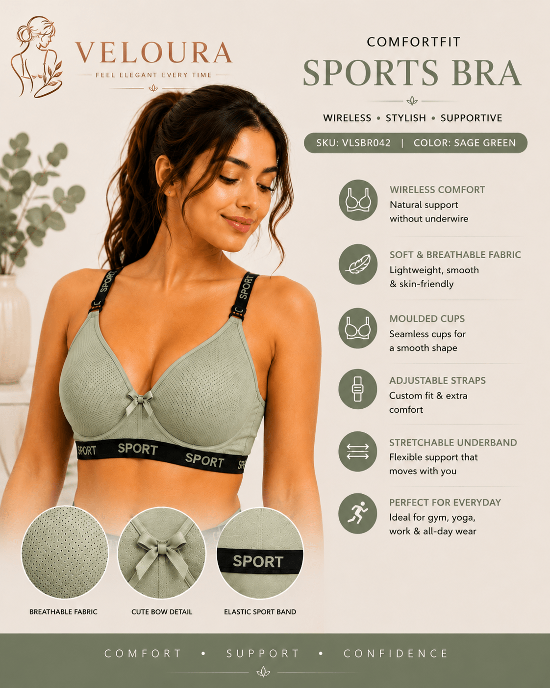 Veloura ComfortFit Women's Sports Bra – Wireless, Breathable & Supportive | Sage Green - VELOURA