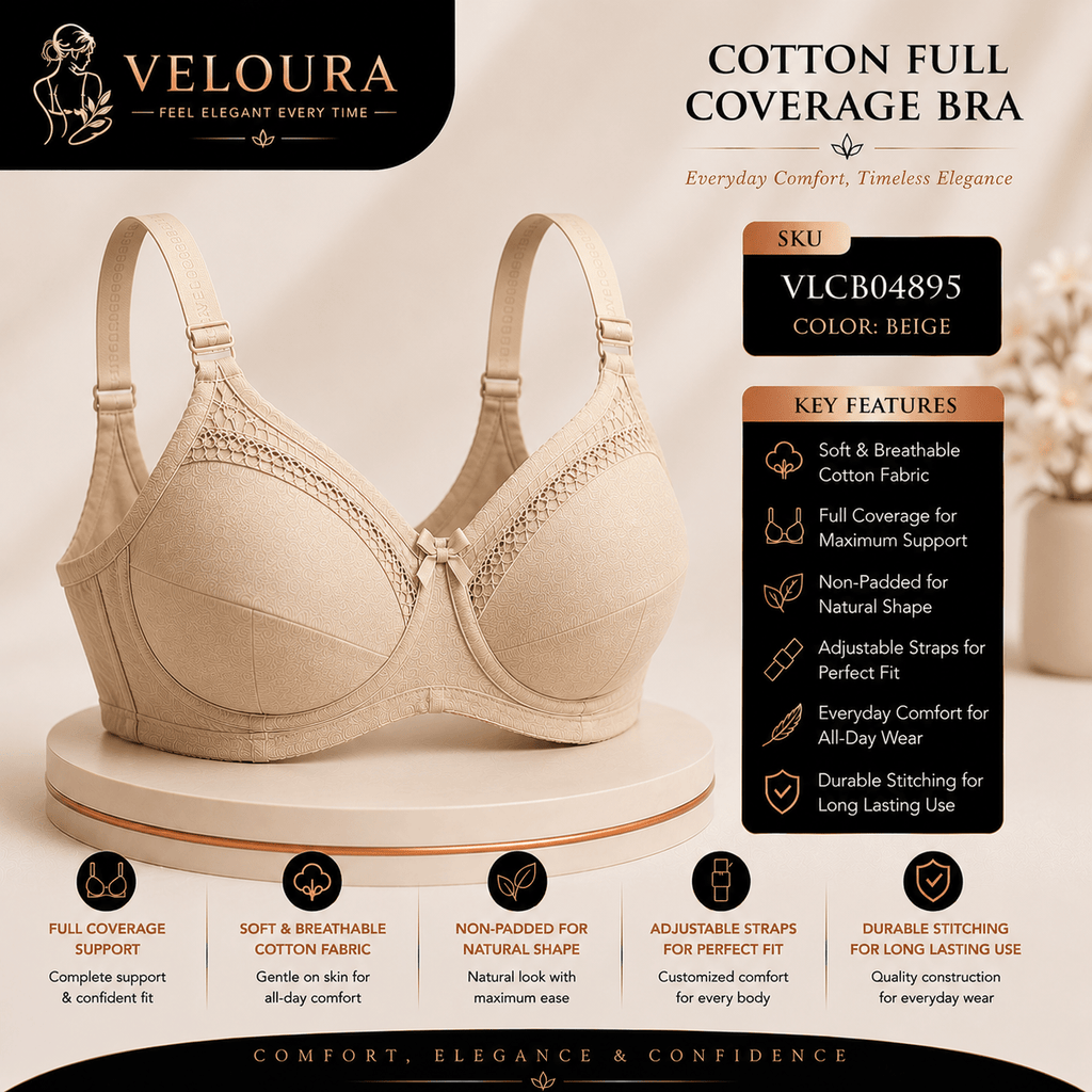Veloura Cotton Full Coverage Bra – Beige | Non-Padded Soft Cotton Everyday Support Bra | Full Coverage | Adjustable Straps - VELOURA