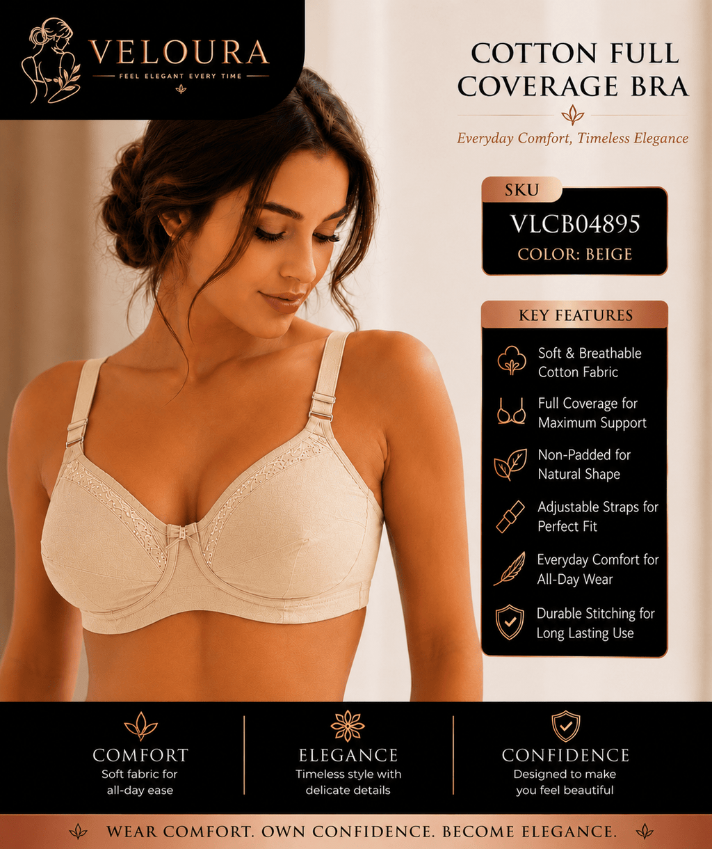 Veloura Cotton Full Coverage Bra – Beige | Non-Padded Soft Cotton Everyday Support Bra | Full Coverage | Adjustable Straps - VELOURA