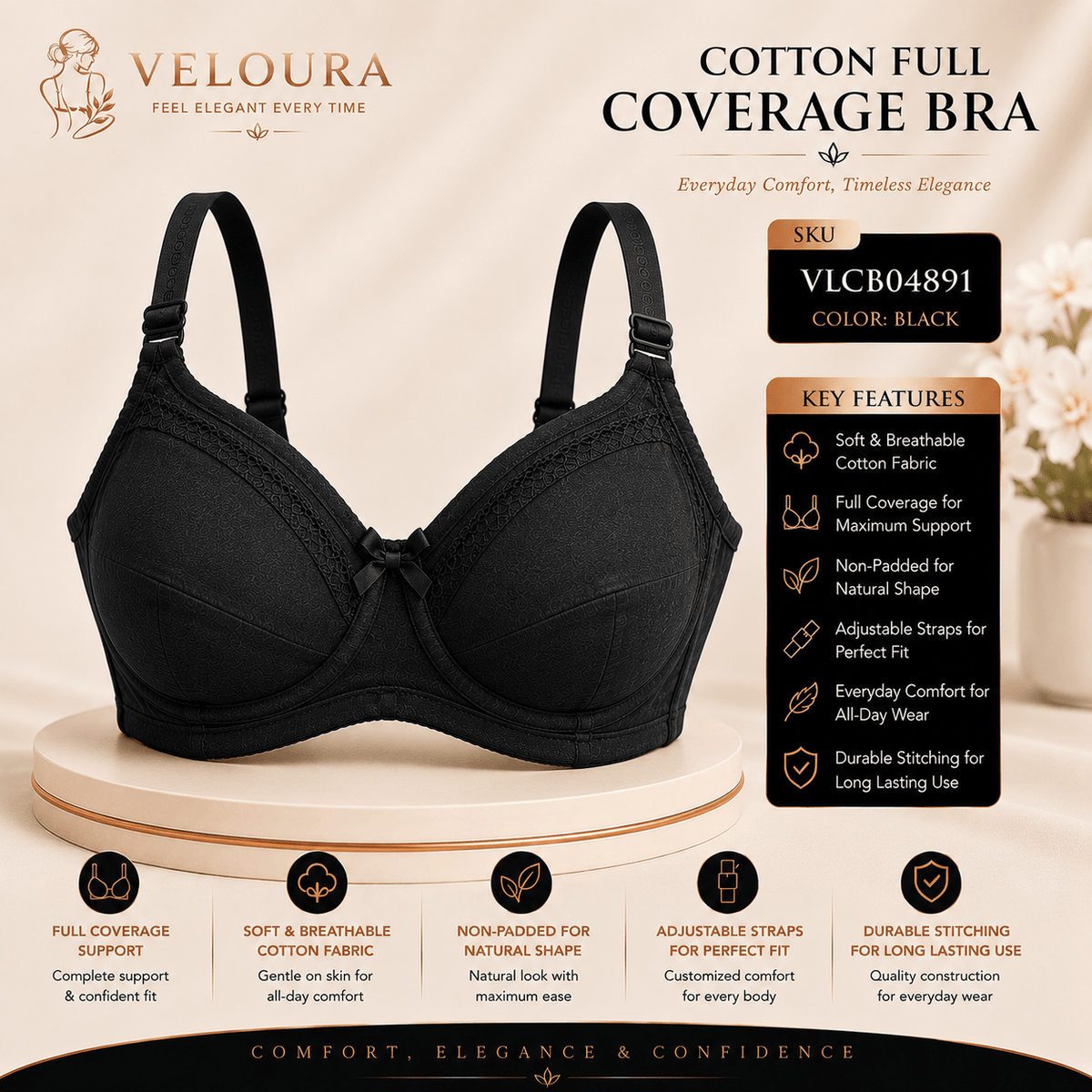 Veloura Cotton Full Coverage Bra – Black | Non-Padded Soft Cotton Everyday Support Bra | Adjustable Straps | Full Coverage - VELOURA
