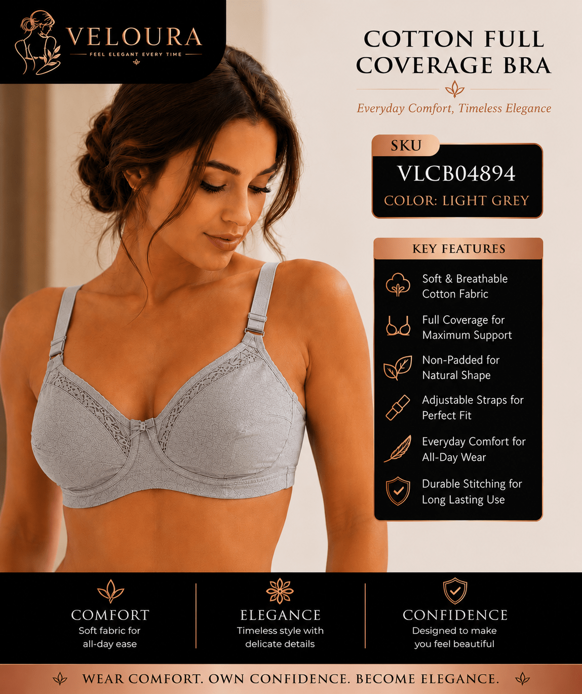 Veloura Cotton Full Coverage Bra – Light Grey | Non-Padded Soft Cotton Everyday Support Bra | Full Coverage | Adjustable Straps - VELOURA