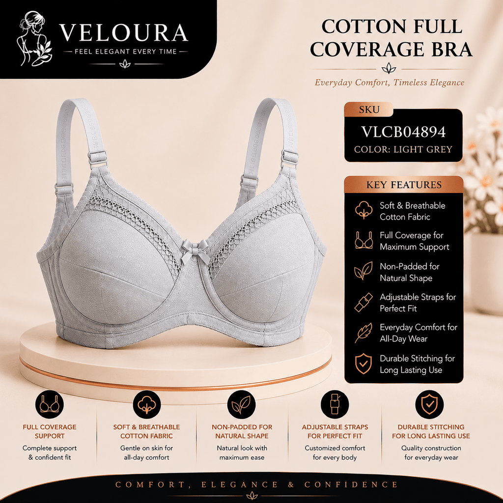 Veloura Cotton Full Coverage Bra – Light Grey | Non-Padded Soft Cotton Everyday Support Bra | Full Coverage | Adjustable Straps - VELOURA