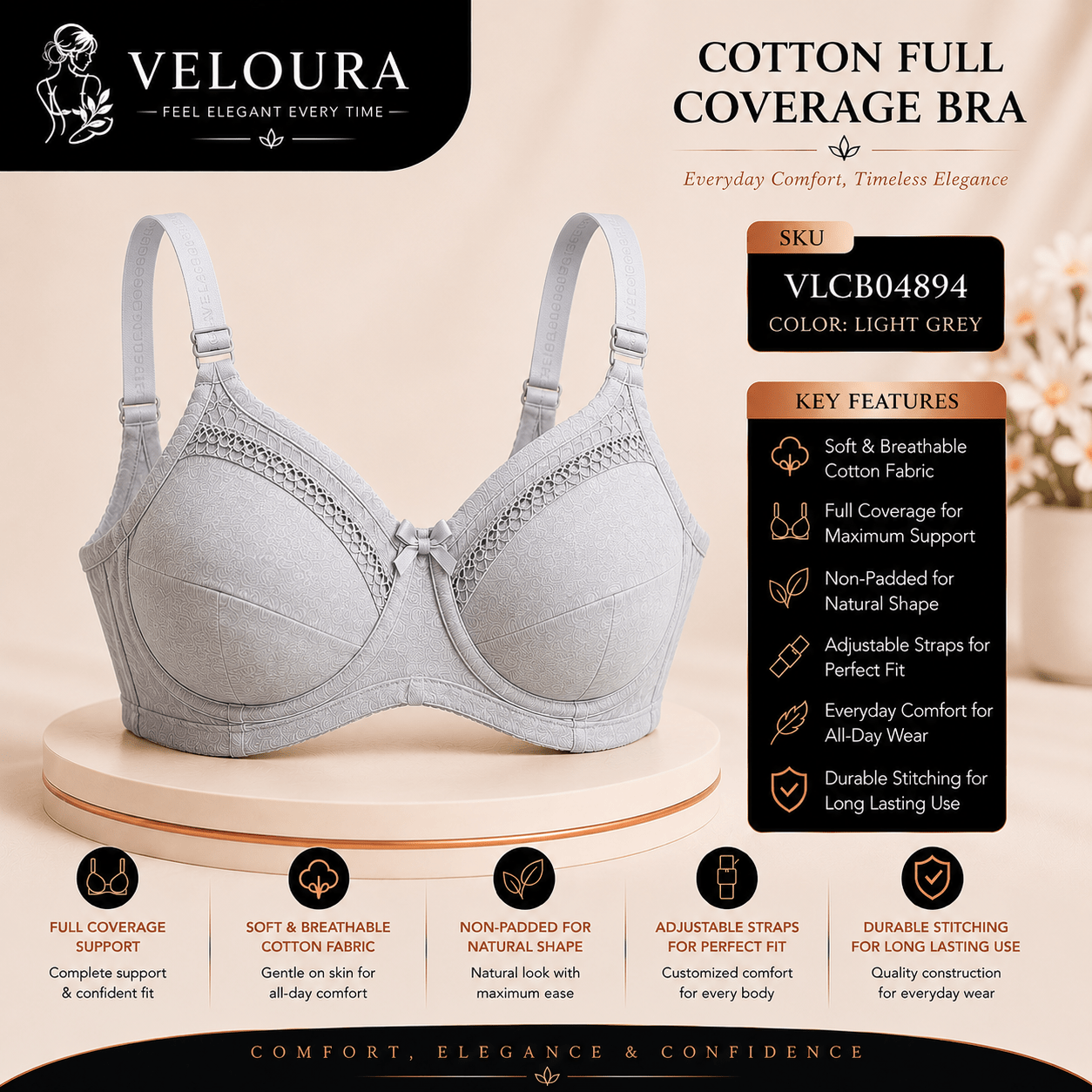 Veloura Cotton Full Coverage Bra – Light Grey | Non-Padded Soft Cotton Everyday Support Bra | Full Coverage | Adjustable Straps - VELOURA