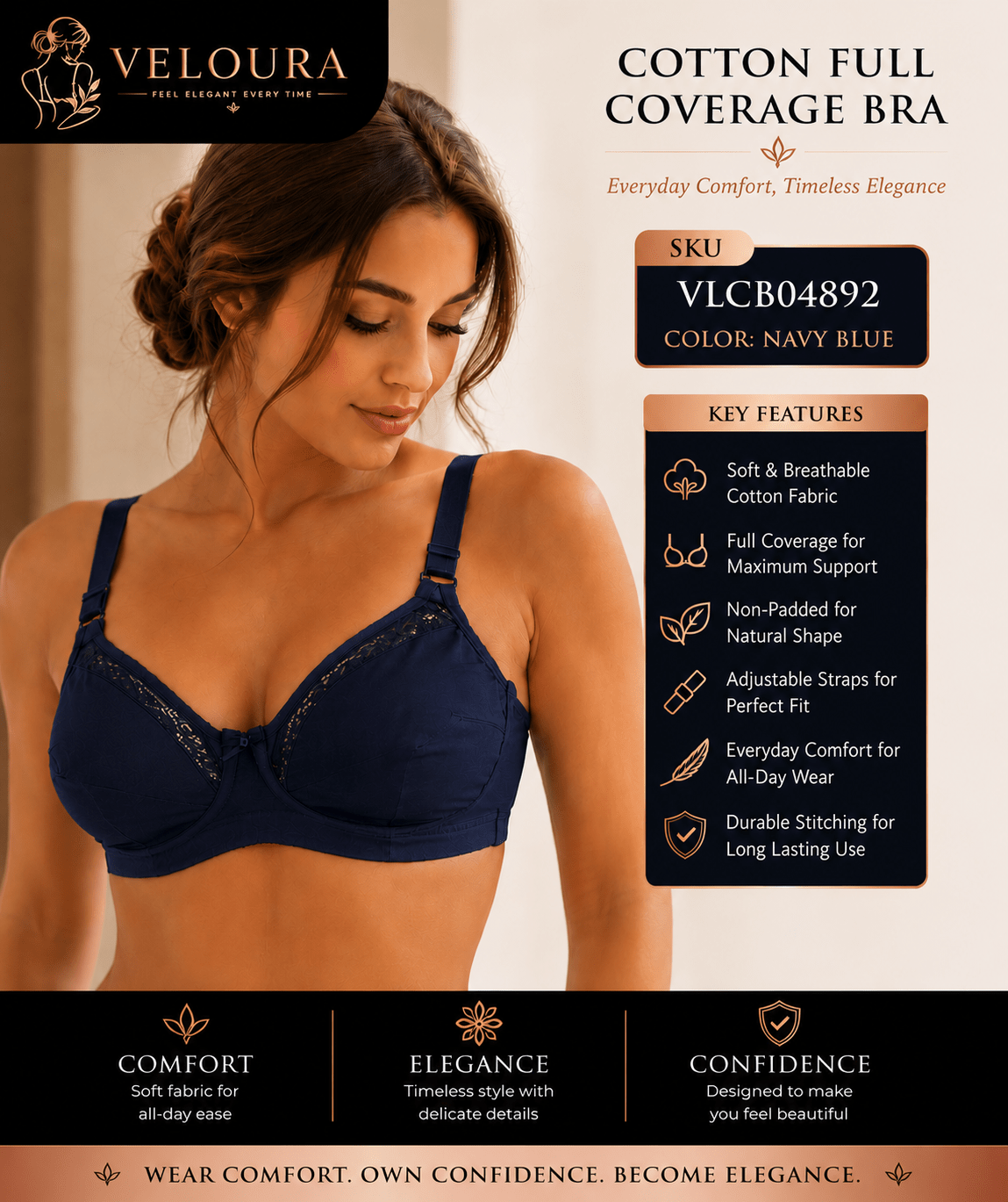 Veloura Cotton Full Coverage Bra – Navy Blue | Non-Padded Soft Cotton Everyday Support Bra | Adjustable Straps | Full Coverage - VELOURA