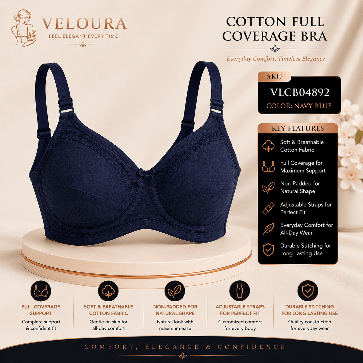 Veloura Cotton Full Coverage Bra – Navy Blue | Non-Padded Soft Cotton Everyday Support Bra | Adjustable Straps | Full Coverage - VELOURA
