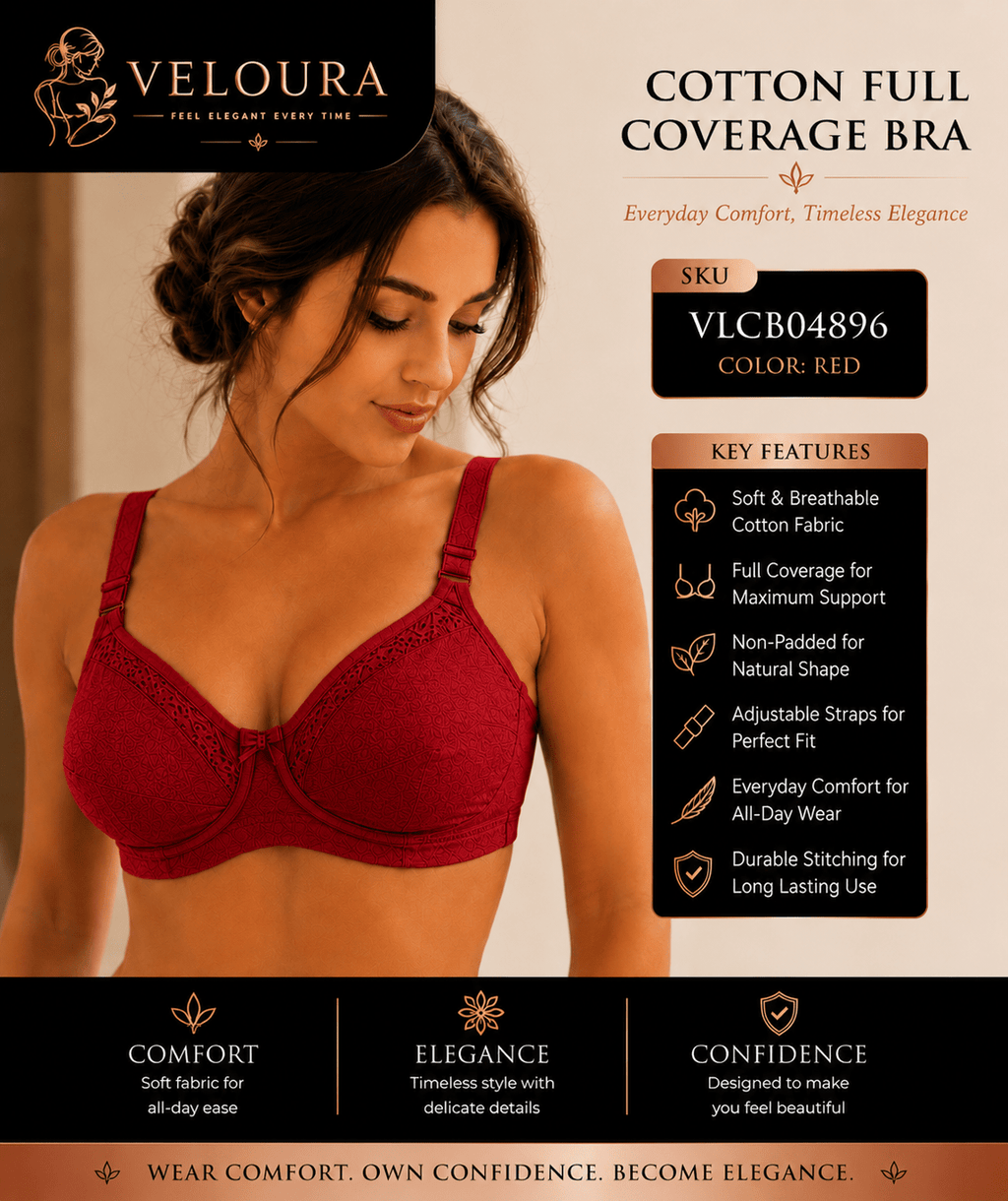Veloura Cotton Full Coverage Bra – Red | Non-Padded Soft Cotton Everyday Support Bra | Full Coverage | Adjustable Straps - VELOURA