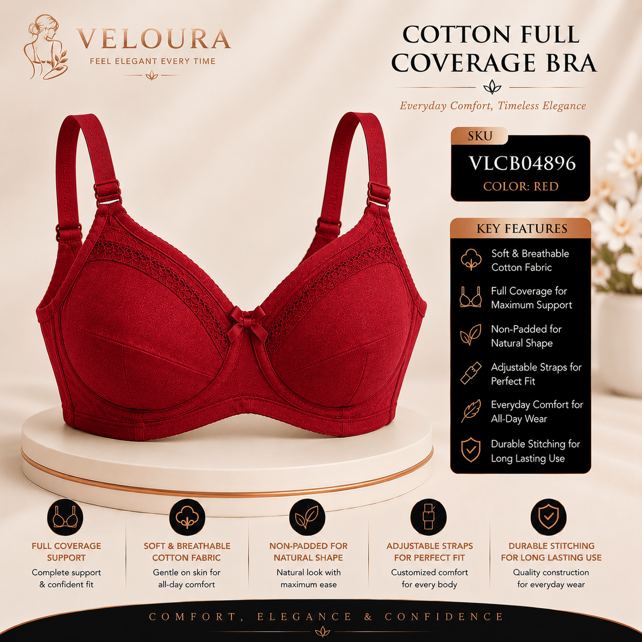 Veloura Cotton Full Coverage Bra – Red | Non-Padded Soft Cotton Everyday Support Bra | Full Coverage | Adjustable Straps - VELOURA