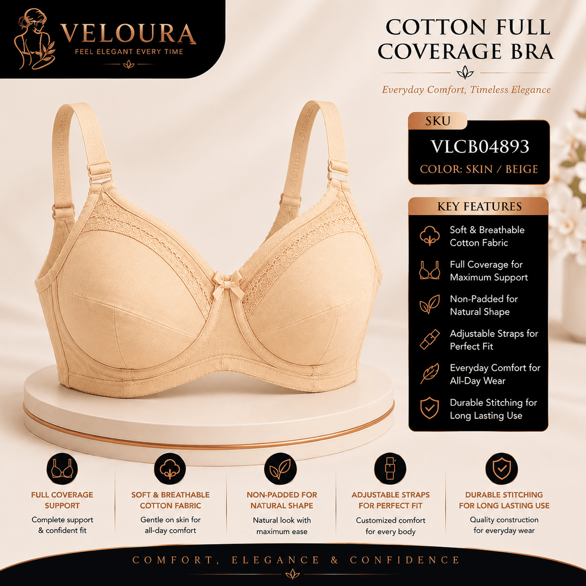 Veloura Cotton Full Coverage Bra – Skin | Non-Padded Soft Cotton Everyday Support Bra | Full Coverage | Adjustable Straps - VELOURA