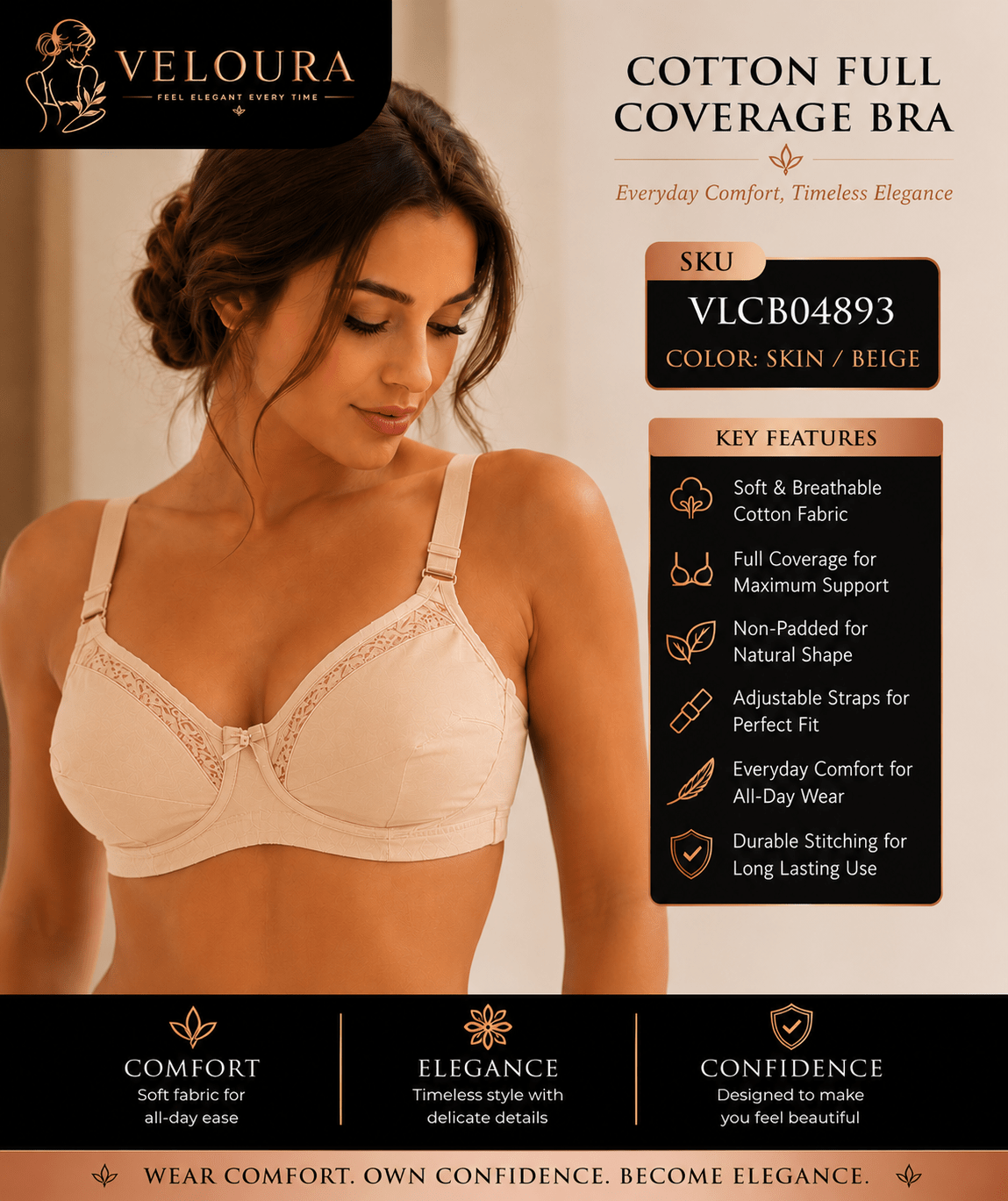 Veloura Cotton Full Coverage Bra – Skin | Non-Padded Soft Cotton Everyday Support Bra | Full Coverage | Adjustable Straps - VELOURA