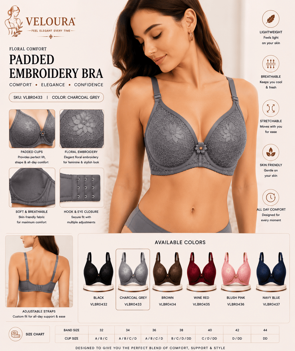 Veloura Floral Comfort Women's Padded Embroidery Bra – Soft, Breathable & Full Coverage | Charcoal Grey - VELOURA