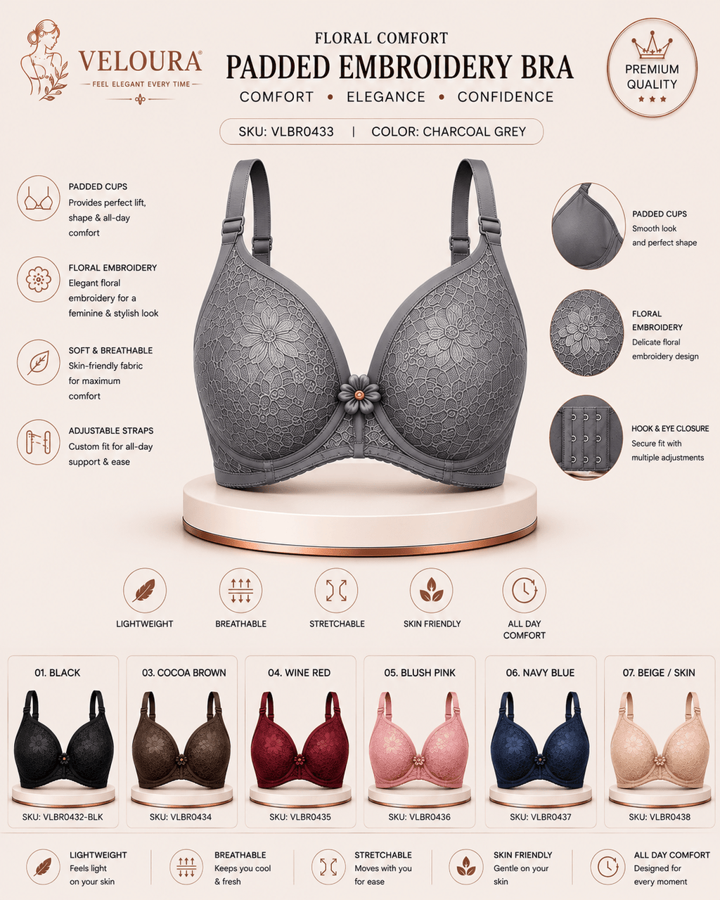 Veloura Floral Comfort Women's Padded Embroidery Bra – Soft, Breathable & Full Coverage | Charcoal Grey - VELOURA