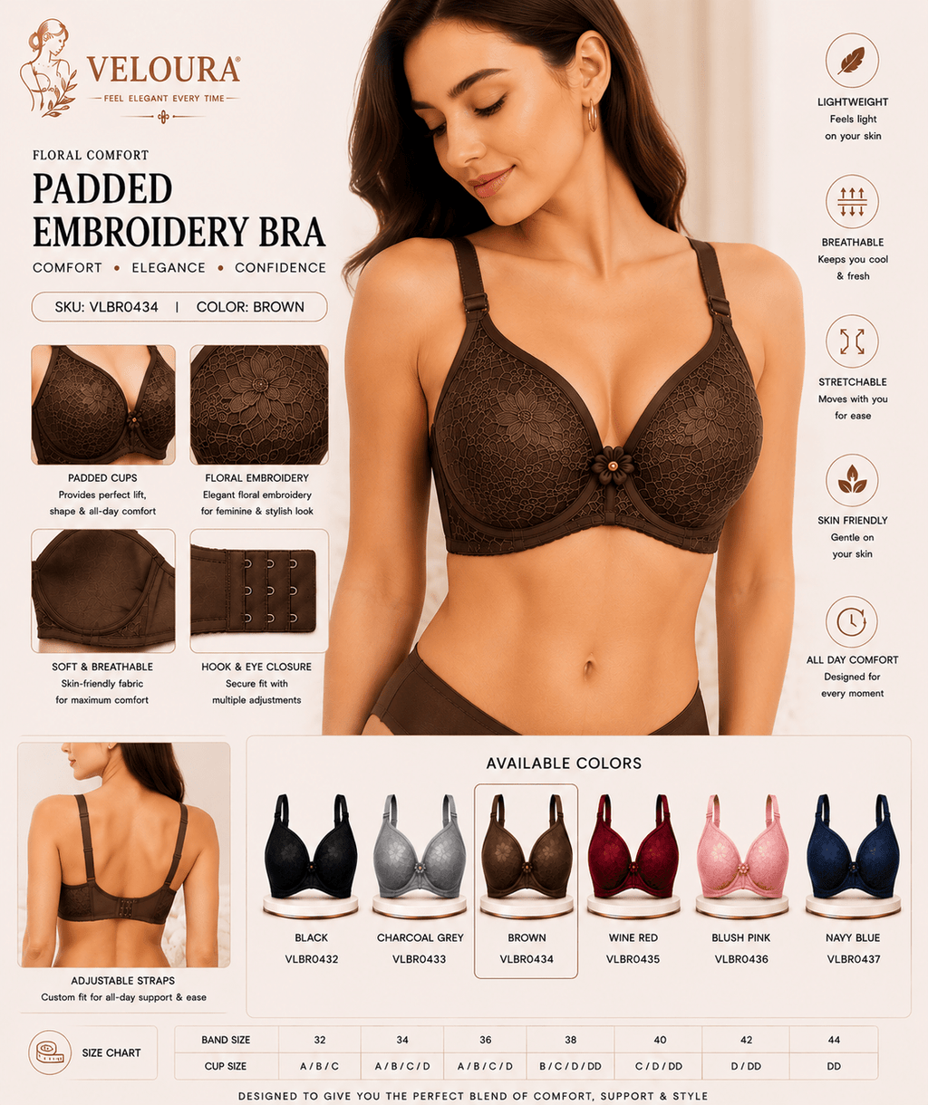 Veloura Floral Comfort Women's Padded Embroidery Bra – Soft, Breathable Full Coverage Everyday Bra | Brown - VELOURA