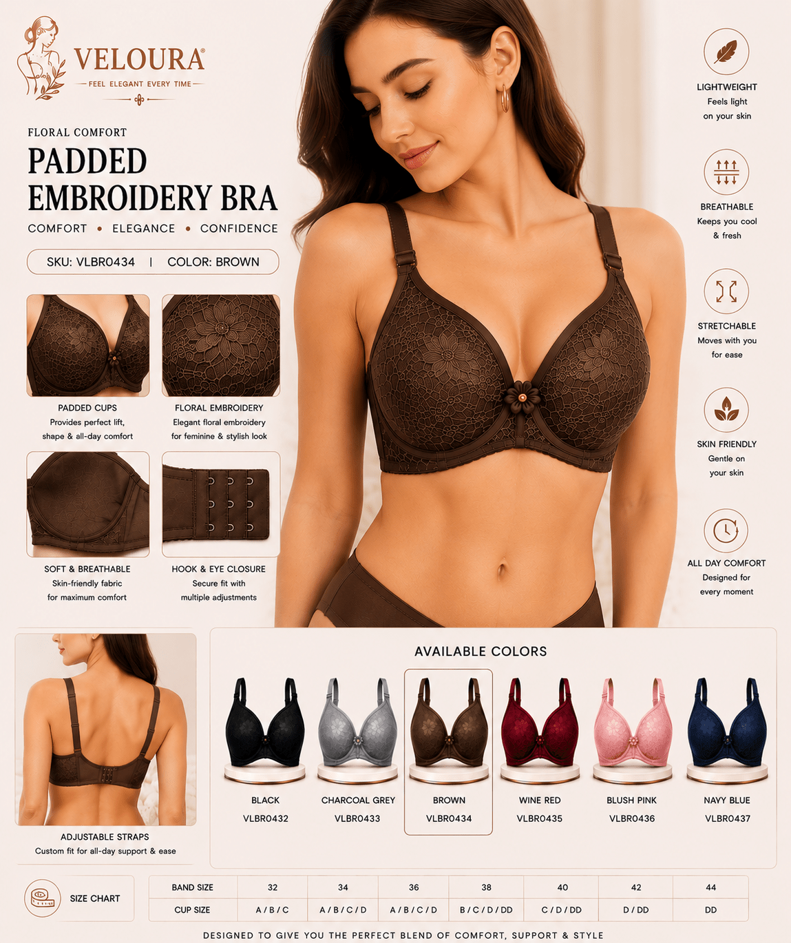 Veloura Floral Comfort Women's Padded Embroidery Bra – Soft, Breathable Full Coverage Everyday Bra | Brown - VELOURA