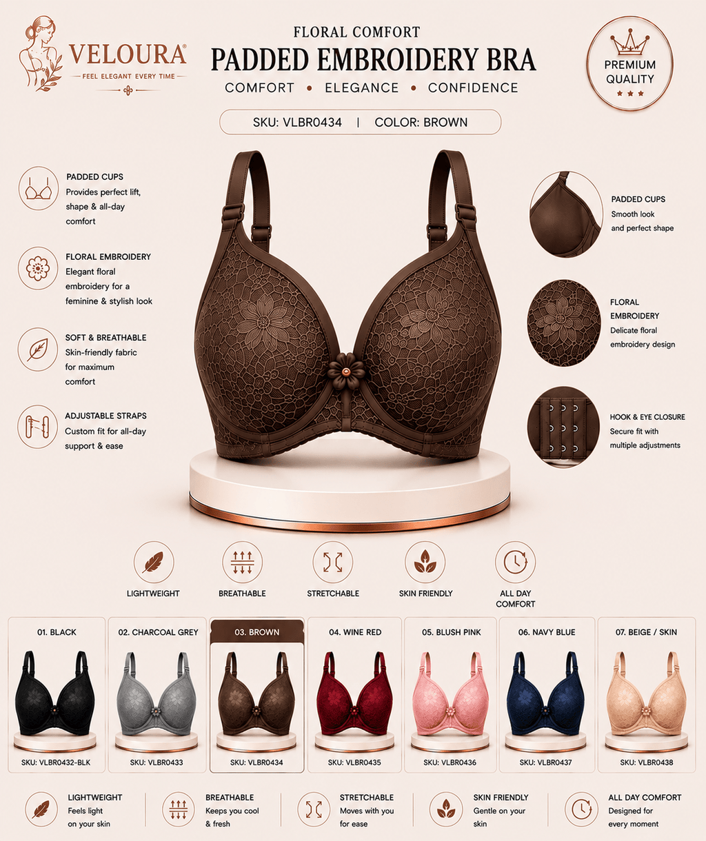 Veloura Floral Comfort Women's Padded Embroidery Bra – Soft, Breathable Full Coverage Everyday Bra | Brown - VELOURA