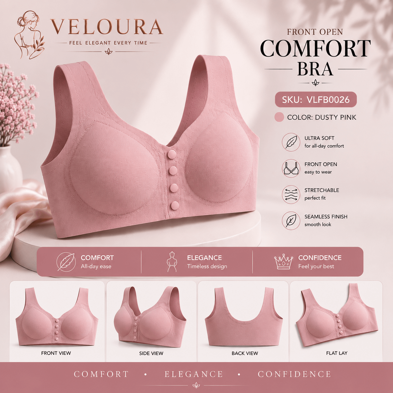 Veloura Front Open Bra – Dusty Pink | Seamless Everyday Support & Ultra Soft Fit - VELOURA